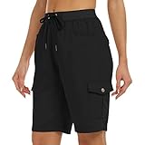 JINSHI Damen Shorts Cargohose Kurze Wanderhose Outdoor Hose Schnelltrocknend Sommer Bermuda Leichte Arbeits Freizeithose mit Mehrfach-Taschen Schwarz EU L