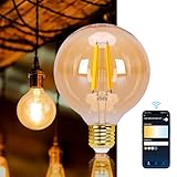 Aigostar Smart LED Glühbirne E27， 6W Vintage Glühbirnen， G95 Bernstein Globe， 806LM Warmweiß Dimmbar 2700K -6500K， Kompatibel mit Alexa und Google Hom， Kein Hub erforderlich， 2.4GHz WiFi