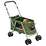 FENLAX Hundewagen Faltbar Grün Leinenstoff 100x49x96 cm Hundebuggy für Kleine Hunde Wagen für Katzen Katzenwagen für Draußen Wagen für Hunde Haustier-Buggy für Hunde und Andere Haustiere