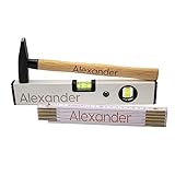 Geschenk Set - Hammer + Zollstock + Wasserwaage - mit Name - Gravur - Individuelle Lasergravur - Handwerker Bauherr Vatertag Papa Opa Mann Heimwerker DIY Weihnachten Geschenkset Männer