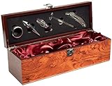 BRUBAKER 6-in-1 Barzubehör Kit mit Weinkiste - Edelholz Optik - Sommelier Dekantier Set aus Edelstahl mit Ausgießer + Flaschenstopfen + Weinthermometer + Tropfring für Wein Geschenkset