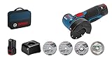 Bosch Professional 12V System Akku Winkelschleifer GWS 12V-76 (inkl. 2x 2.0Ah Akku, 5tlg. Trenn- und Schleifscheiben-Set, Tasche)