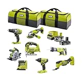 RYOBI 18 V ONE+ Combo-Kit, 8 Werkzeuge, Deltaschleifer, Bohrschrauber, Säbelsäge, Multitool, Stichsäge, Winkelschleifer, Handkreissäge, Schlagschrauber, Taschen, mit Akku und Schnellladegerät