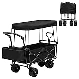 DOEWORKS Bollerwagen Faltbar,Bollerwagen Strand mit Dach,Strandwagen Klappbar Strandtrolley Handwagen,Beachtrekker Bollerwagen Für Outdoor Garten,Breite Reifen Alle Gelände,Verstellbarer Griff,Schwarz