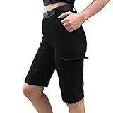 Nuofengkudu Petite Cargohose Damen Kurz Hosen mit Tasche Knielang Stretch High Waist Sommer Kurze Arbeitshose Joggpants Freizeithose Teenager Mädchen Leicht Y2k Sport Jogging Shorts Schwarz,L