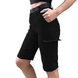 Nuofengkudu Petite Cargohose Damen Kurz Hosen mit Tasche Knielang Stretch High Waist Sommer Kurze Arbeitshose Joggpants Freizeithose Teenager Mädchen Leicht Y2k Sport Jogging Shorts Schwarz,L