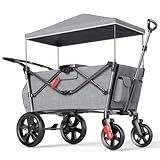 EVER ADVANCED Bollerwagen für 2 Kinder Faltbar mit Dach, Kinderwagen 2x5 Punkt Sicherheitsgurt mit Wickelrucksack, Bollerwagen mit Sitz, Handwagen Transportwagen, Ziehen & Schieben, Fußbremse