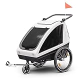 Klarfit GoKiddo Fahrradanhänger 2 Kinder - 2-in-1 Fahrradanhänger & Buggy mit Bremsen, Sicherheitsgurten, Verstellbaren Sitzen, 40kg Kapazität, Regen- & UV-Schutz, Zusammenklappbar, Hellgrau