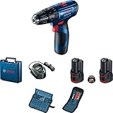 Bosch Professional 12V System GSB 120-LI (inkl. 2 GBA 12V 2.0Ah batterien, GAL 12V 10 cv ladegerät, 2 3 -teiliges bohrer- und schraubzangen-set mit griff, koffer)