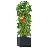 REAWOW Tomatentopf mit Rankhilfe, 28×28×114cm, 14L, Anthrazit Pflanzenturm mit Wasserspeicher, Pflanzen-Aufzucht-Turm mit Rangitter, Tomatenturm Topf, 3-Tier