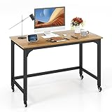 COSTWAY Schreibtisch mit Rollen, Computertisch mit Metallrahmen, Arbeitstisch mit 4 Rädern, Bürotisch rollbar, PC-Tisch, 120 x 60 x 76 cm, Natur