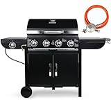 4+1 Brenner Gasgrill, Gasgrill Master mit Seitenkochfeld, BBQ Grillwagen Gas, Hochleistungsbrenner, Impulszünd, mit Thermometer, Große Grillfläche, Grillküche, Standgrill, 4*/2.93KW + 2.33KW