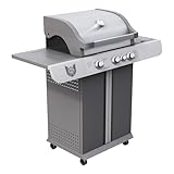 BBQ CHIEF Core Gasgrill - 3 Brenner Edelstahl, 9 kW, Seitenbrenner 2,5 kW, Gussrost, Warmhalterrost, Deckel, Thermometer, Rollen - Grill, Grillwagen, Grillstation, Camping, Balkon, Garten, Outdoor