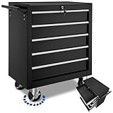 tectake® Werkzeug Wagen mit 5 Schubladen, Werkstattwagen, Tool Werkzeugwagen fahrbar, Werkzeugtrolley, Werkzeugkiste groß, Werkzeugkoffer leer, Stahlschrank - schwarz