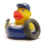 Duckshop I Badeente I Quietscheente I lustige Badeente KfZ-Mechaniker - L: 7 cm - inkl. Badeenten-Schlüsselanhänger im Set I Geschenk für Autoliebhaber