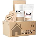 Einweihungsgeschenk für Wohnung und Haus, originelles Brot und Salz Geschenk zum Einzug im mini Umzugskarton, tolles Einzugsgeschenk für Haus und Wohnung, mit Holzherz