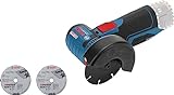 Bosch Professional 12V System Akku Winkelschleifer GWS 12V-76 (inkl. 1x Hartmetall-Trennscheibe, 1x Carbide Multi Wheel, 76 x 10 mm, 2x Inox-Trennscheibe, Schutzhaube, Einlage, ohne Akku/ Ladegerät)