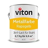 Viton Metallfarbe in Gelb - 0,7 Kg Metall-Schutzlack Seidenmatt - Dauerhafter Schutz & Beständigkeit - 3in1 Grundierung & Deckfarbe - Metalllack direkt auf Rost - KE31 - RAL 1021 Rapsgelb