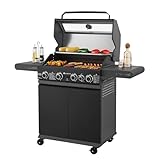 Juskys BBQ Gasgrill Savannah - 4 Brenner und 1 Seitenbrenner - XXL Stahl Gas Grill mit Gusseisen Grillrost, Kochfeld, Unterschrank für Gasflasche