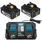 2X 18V 5500mAh Ersatzakku für Makita + Dual Port 6A DC18RD Ladegerät Kompatibel mit BL1860 BL1860B BL1850B BL1850 BL1840B BL1830B LXT-400