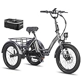 Fafrees E Bike Dreirad F20 Mate, Ebike Klapprad 20'*3.0 Zoll, Lastenfahrrad für Erwachsene 48V 18.2Ah Akku, e Bike 3 Rad 65N.m 25km/h, Dreirad für senioren (Kleiner hinterer Korb, Grau)