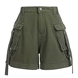 Kurze Hosen Damen Sommer Cargo Shorts Milit?r Casual Elastische Taille Freizeithose mit Taschen Hotpants Baumwolle Outdoorhose Arbeitshose Jeans Bermuda Shorts Outdoor Wandern Short Armee Gr?n M