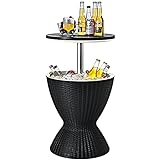 COSTWAY 3 in 1 Cool Bar, höhenverstellbarer Beistelltisch, 30L Outdoor Bier- und Weinkühler in Rattanoptik, Getränkekühler mit Abflussloch, für Terrasse, Party, Poolbereiche, Schwarz