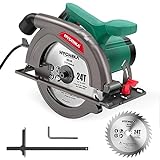 HYCHIKA Handkreissäge, 1300W 4500RPM Kreissäge 185mm, Leistungsstarker Motor, Schnitttiefe 65mm (90º), 45mm (45º), führungsschiene, Staubabsaugung, zum Schneiden von Holz/Kunststoff