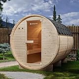 Luxus Outdoor Holz Fasssauna Saunafass Größe XL 220x191 cm mit 8 KW Saunaofen für 6 Personen KOMPLETT Set mit Sauna Ofen Zubehör LED massiv Fichte