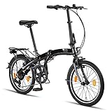 PACTO THREE Klapprad 20 Zoll mit Schnelles Faltsystem (10 Sek), Aluminiumrahmen, Leichtgewicht (14KG), 6 Gänge, V-Bremsen und LED-Licht (Schwarz)