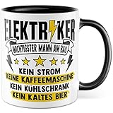 Tasse Elektriker wichtigster Mann am Bau Witz Geschenkidee Elektronik Kaffeetasse Geschenk für Elektrotechniker Kaffeebecher Baustellen Becher (Weiß & Schwarz)