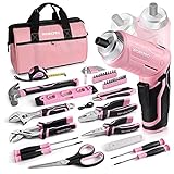 WORKPRO 53-tlg. Werkzeug Set Rosa mit Akkuschrauber klein, pink Werkzeugtasche gefüllt für Haushalt Reparatur mit Wasserwaage, Wasserpumpenzange, Geschenke für Mutter, Heimweiker