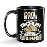 Tassendruck Schwarze Tasse für Tischler mit Name - Cool bleiben und Name rufen - Geschenk für Kollegen zum Geburtstag | Personalisierte Geschenke, Keramik Schwarz, 300 ml