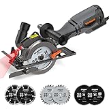 DOVAMAN Mini Kreissäge, 710 W 115mm Handkreissäge mit Laser, 3500rpm, Metall-Hilfsgriff, 43 mm (90°), 29 mm (45°) Schnitttiefe, 6 Sägeblätter, ideal für Holz, Weichmetall, Kunststoff, Fliesen – MCS01A