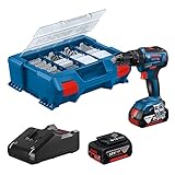 Bosch Professional 18V System Akku Schlagbohrschrauber GSB 18V-55 (max. Drehmoment 55 Nm, inkl. 2x 4.0Ah Akku, Ladegerät GAL 18V-20, 82-teiliges Zubehör-Set, L-Case Pick & Click)