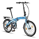 PACTO Three Klapprad 20 Zoll mit Schnelles Faltsystem (10 Sek), Aluminiumrahmen, Leichtgewicht (14KG), Shimano 6 Gänge, V-Bremsen und LED-Licht (Blau)