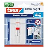 tesa Klebenagel Fliesen&Metalll, verstellbar, 2 Stück - anpassbarer Klebenagel für glatte und feste Oberflächen in Bad und Küche, 4 kg Haltekraft - ablösbar und wiederverwendbar