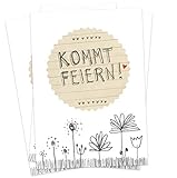 10 Einladungskarten - Kommt feiern! - Weiß Grau Beige mit Blumenwiese, Einladungen für Hochzeit, Geburtstag, Jubiläum, Party, DIY Bleistift Vintage Design mit Blumen