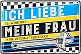 LANOLU Blechschild retro Ich liebe meine Frau - Werkstatt Schild - lustige Sprüche Schild für Papas Werkstatt - Schrauber und Kfz Mechaniker Geschenk - Deko vintage Metallschild, 20x30cm