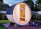 FinnTherm Fass-Sauna Mini XS, 194 x 160 x 194 cm Gartensauna, Outdoor Sauna mit 42 mm Wandstärke, inkl. Montagematerial, Glastür aus Sicherheitsglas, 3 Personen, inkl. Dachschindeln, Außensauna