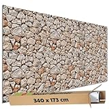 TRIOSK Sichtschutz Garten Dekoration Plane groß mit Motiv Bruchstein Mauer Hell Motivbanner Blickdicht für Terrasse Zaun Gartenzaun Gartenposter PVC Zaunblende 340x173 cm