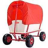 monzana® Bollerwagen Holz bis 180 kg mit Dach Luftreifen Stabil Robust Stahl Allround Handwagen Gartenwagen Strandwagen Leiterwagen Transportwagen Rot