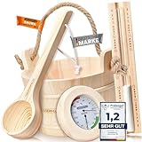 WASSERFELD® Sauna Eimer Set (4 Liter) - Hochwertiger Sauna Eimer mit Kelle, Sanduhr, Thermo- & Hygrometer - Hitzebeständiger Saunakübel 4L inkl. Einsatz & Hanftrageseil - Sauna Zubehör Set