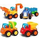 MOONTOY Baby Spielzeugauto Bagger Konstruktionsfahrzeuge Baufahrzeuge 4 in einem Set für Kinder, Traktor, Bulldozer, Kipper & Zementmischer