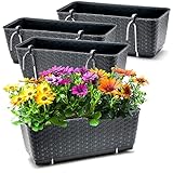 BigDean 4er Set Blumenkästen für Balkon-Geländer - Rattan-Optik - Anthrazit - Balkonkästen mit Metall-Halterung - 39 x 15,5 x 14 cm - inkl. Bewässerungssystem