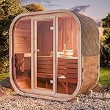 FinnTherm Fasssauna Elipso, Moderne Outdoor Sauna inkl. Dacheindeckung, Kompakte Gartensauna mit Glasfront, Außensauna: B 136 x T 119 x H 203 cm, 3 Personen