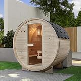 Luxus Outdoor Holz Fasssauna Saunafass Größe M 120x191 cm mit 3,6 KW Saunaofen für 2 Personen KOMPLETT Set mit Sauna Ofen Zubehör LED massiv Fichte