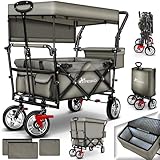 TRESKO Bollerwagen faltbar mit Dach, Kühltasche & Seitenrollos | Handwagen mit 3-Punkt Gurtsystem | Gartenwagen klappbar | Transportwagen mit Vollgummi-Reifen + Bremse + Tragetasche