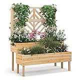 COSTWAY Blumenkasten mit Spalier aus Tannenholz, Gartenspalier mit 2 Rankkästen, Pflanzkasten für Kletterpflanzen, Hochbeet mit Rankgitter & Drainageloch, Blumenkübel für Garten Hof Balkon (Natur)