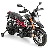 GOPLUS 12V Kinder Elektro-Motorrad mit Schweinwerfer/Musik, Kindermotorrad mit Stützrädern, Elektroauto, Kinderwagen, Kinderfahrzeug für 3-8 Jahren, Elektrofahrzeug mit Gashebel, 3-5 km/h (Schwarz)